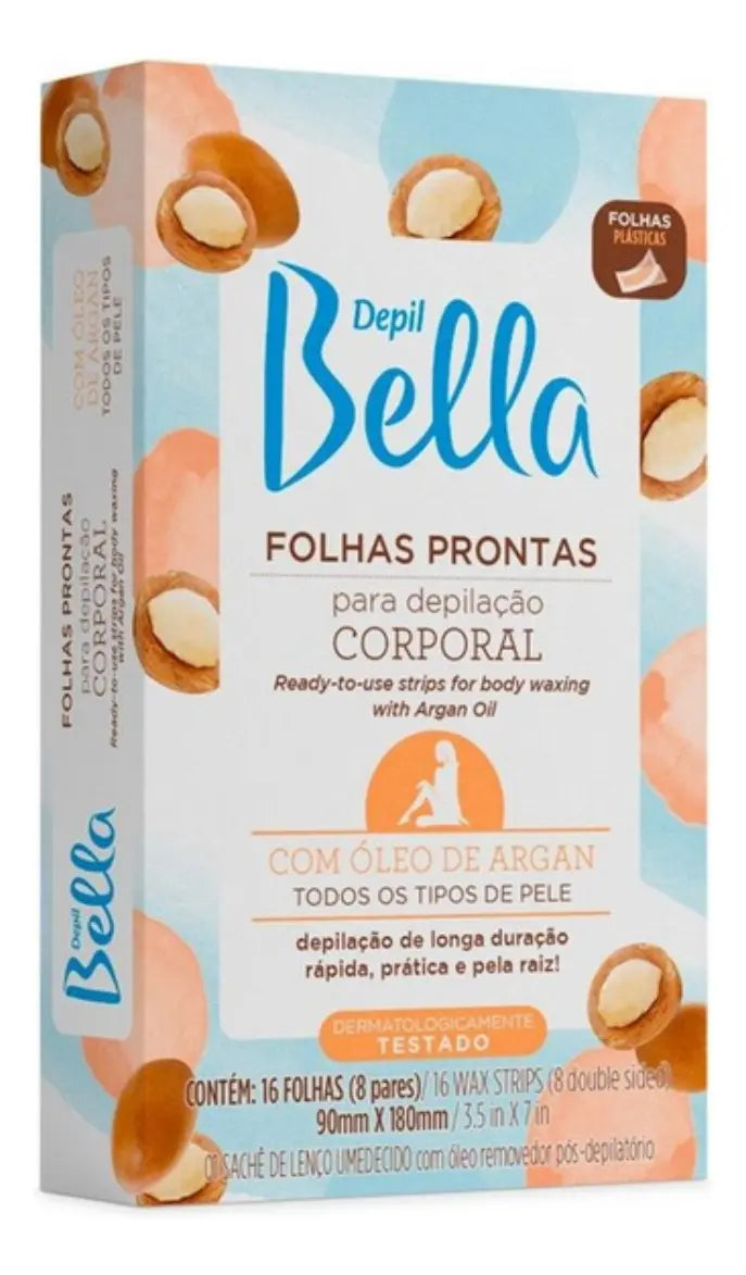 Depil Bella Folhas Prontas para Depilação Corporal: Óleo de Argan - 16 Folhas 8 Pares